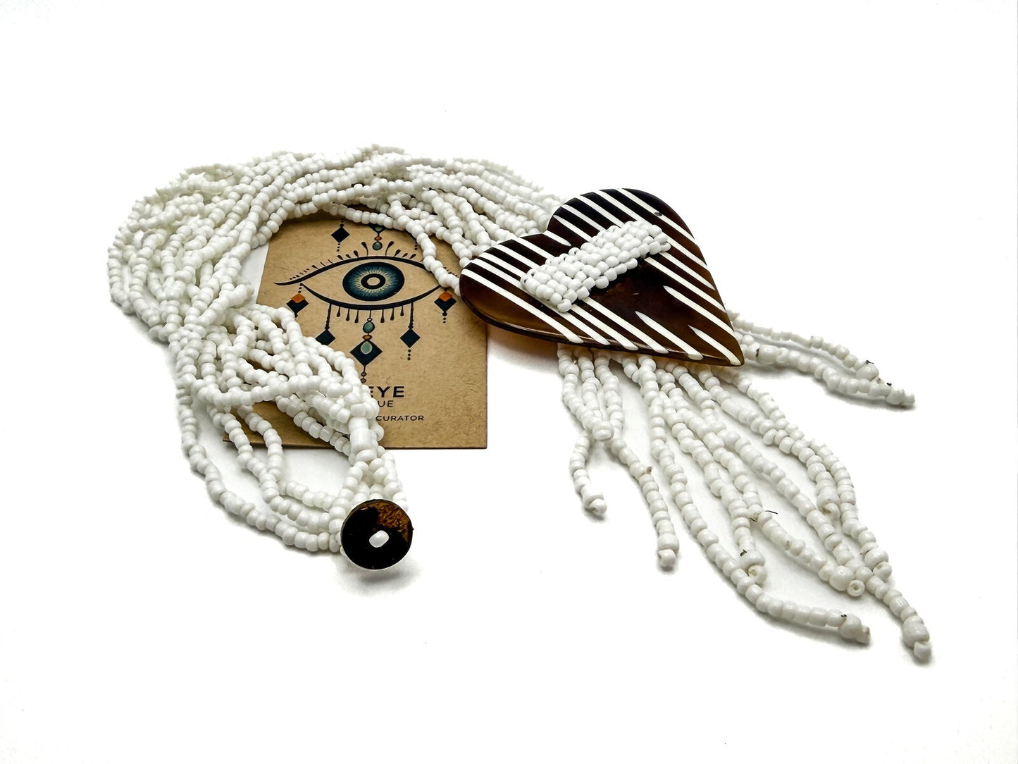 Vintage Multi-strand White Seed Bead Brown Striped Heart Pendant Tassel Necklace
