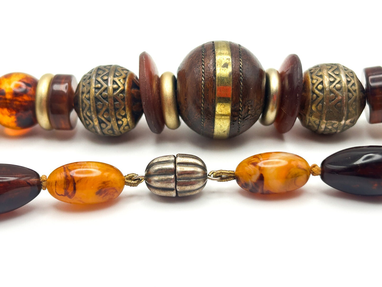 Vintage Graduated Wood & Faux Amber Beaded Statement Necklace