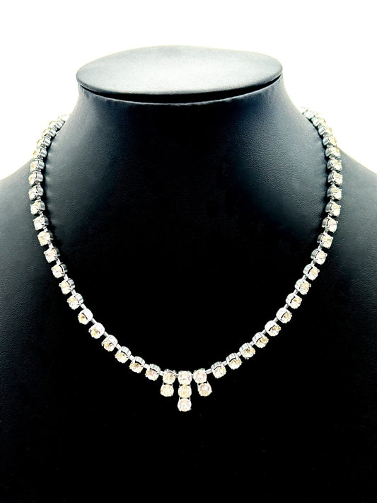 Rhinestone Necklace Silver Tone Clear Crystal Drop Pendant Prong Set Choker 15”