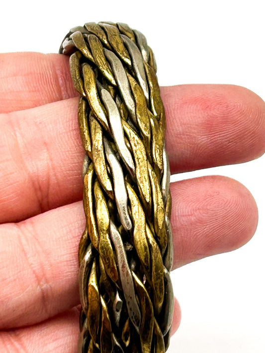 Vintage Braided Mixed Metal Chunky Cuff Bracelet Brass Silver Tone 60s-70s Retro