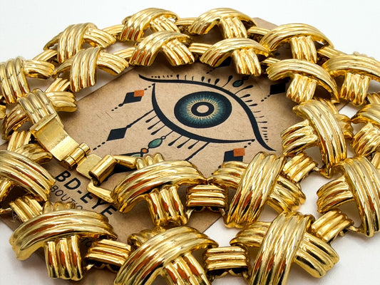 Gold Tone Ribbed X Link Articulated Statement Necklace 18” 80s Napier Inspired