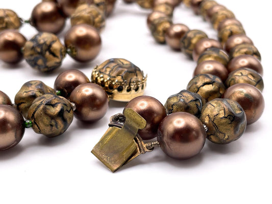 Bronze Tone Double-Strand Faux Pearl and Bead Necklace