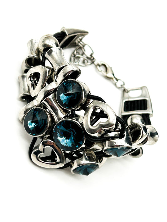Miss Chic Silver Tone Industrial Y2K Chunky Heart Bracelet Deep Blue Rhinestones