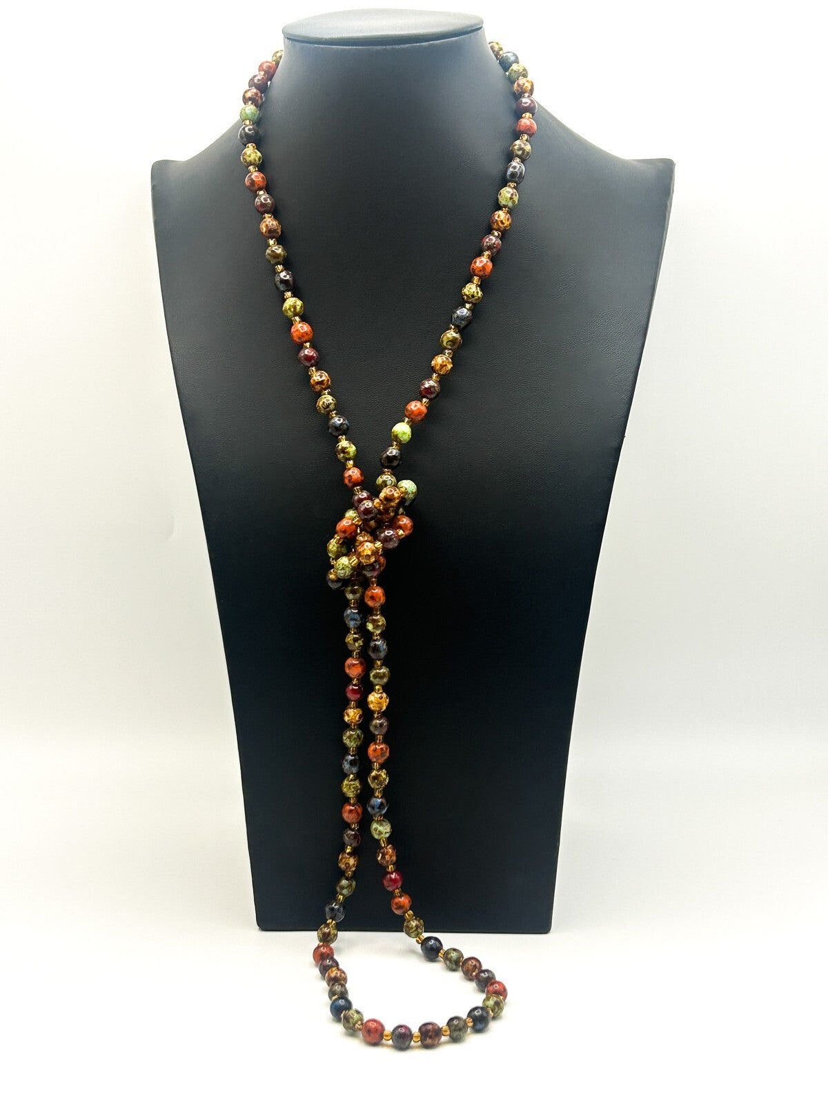 Vintage Mottled Glass Bead Necklace – Green, Orange, Brown & Mustard