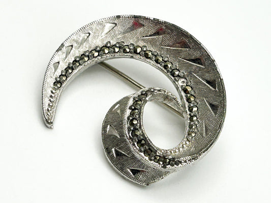 Sphinx Silver Tone Marcasite Swirl Brooch Signed Vintage Textured Pin