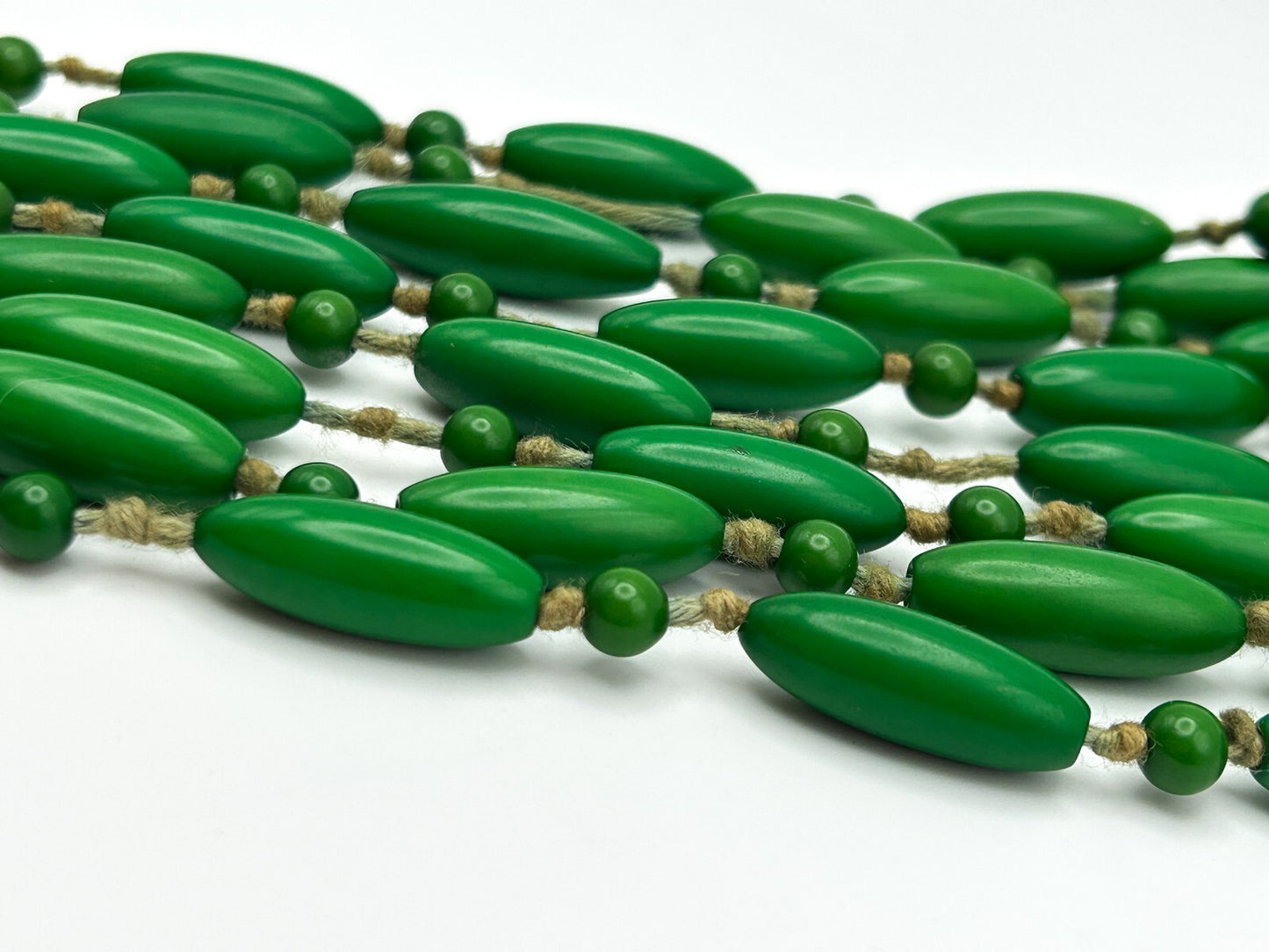 Pair of Vintage Early Plastic Green Hand-knotted Beaded Necklaces