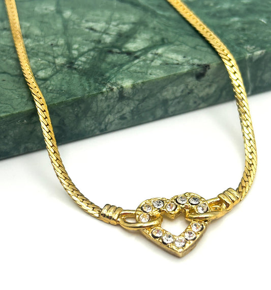 Gold Tone Herringbone Chain Necklace Small Heart Rhinestone Pendant 15”