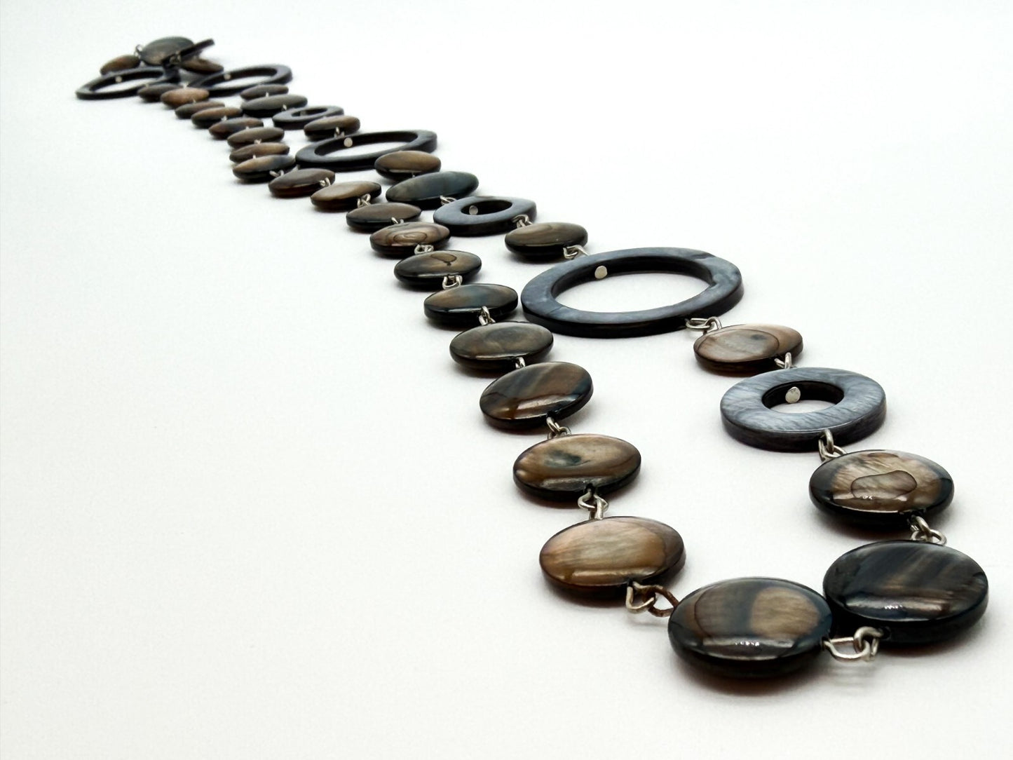 Long Shell Disc Hoop Long Necklace Grey Brown Iridescent Statement Unsigned M&S