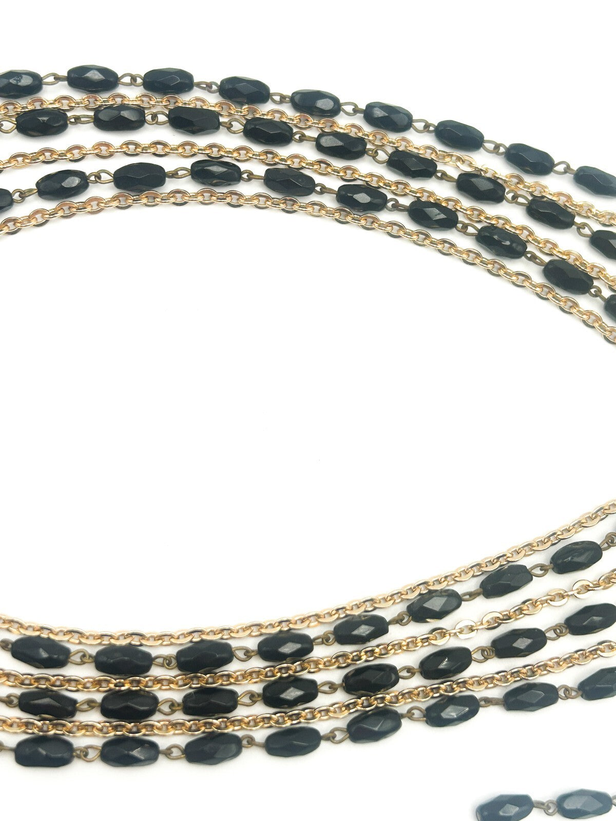 Vintage Layered Black Bead & Gold-Tone Chain Necklace