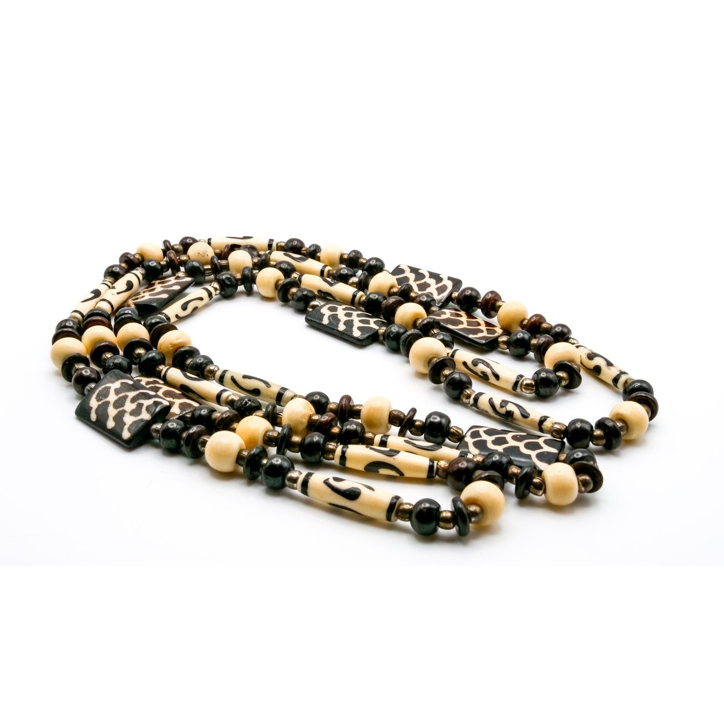 Batik-Style Beaded Long Necklace – Hand-Carved & Dyed Beads, Boho