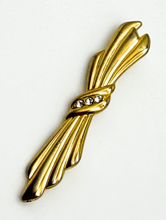Vintage Gold Tone Bow Brooch Clear Rhinestone Diamante Ribbon Pin Retro 6cm