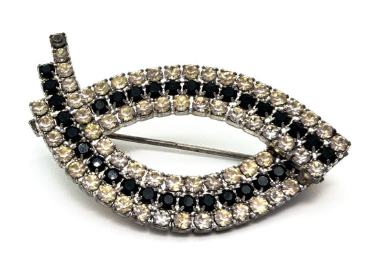 Art Deco Style Rhinestone Brooch Blue Clear Crystal Leaf Marquise SilverTone Pin