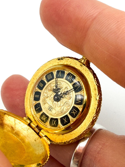 W&S Gold Tone Engraved Hunter-Style Pocket Watch Pendant Charm