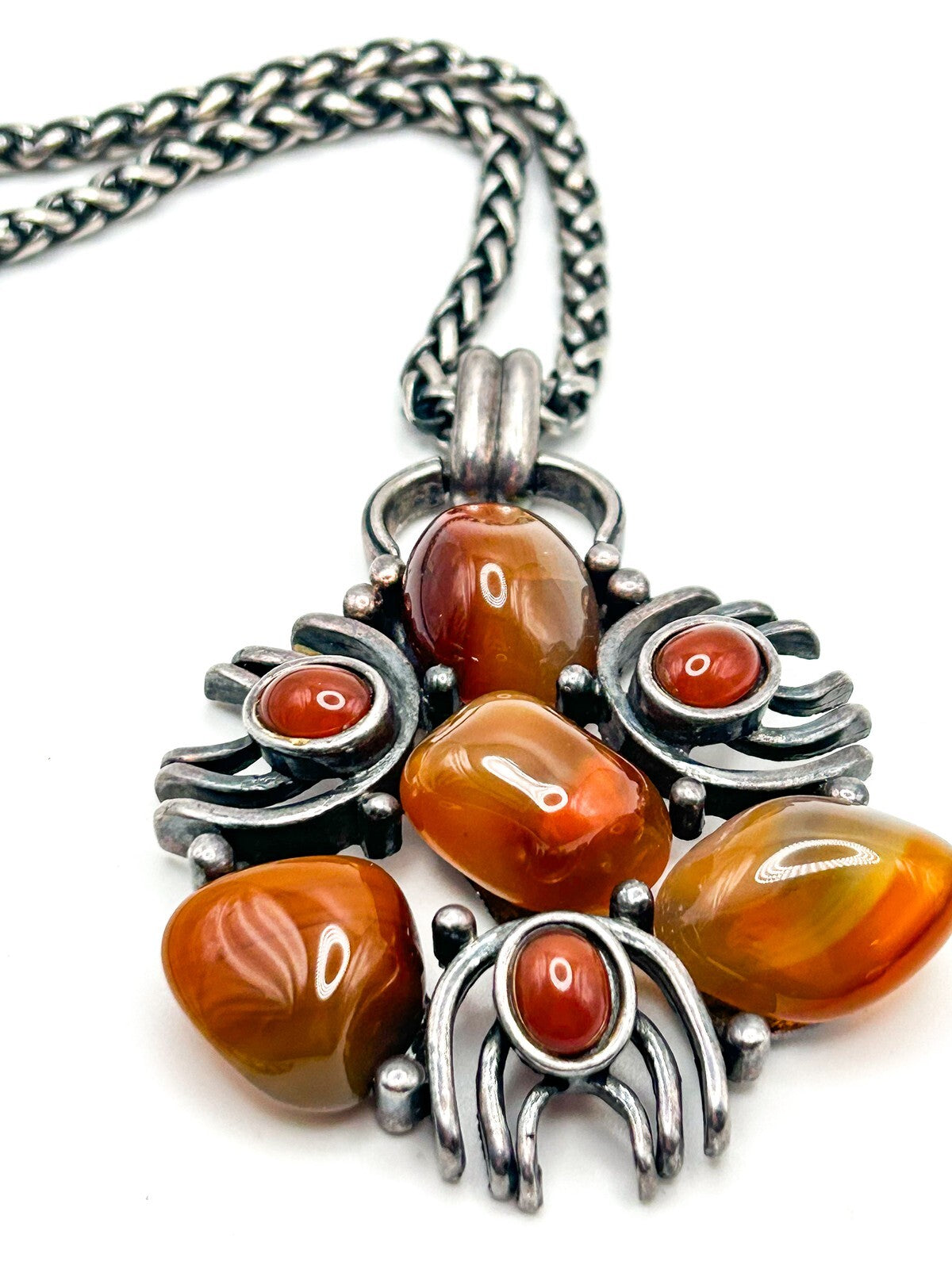Vintage David Grau Signed Pendant Necklace - Carnelian Gemstones Silver Tone