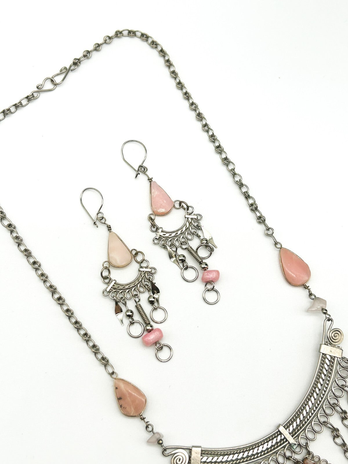 Peruvian Alpaca Pale Pink Rhodonite Rose Quartz Necklace & Earring Set Boho