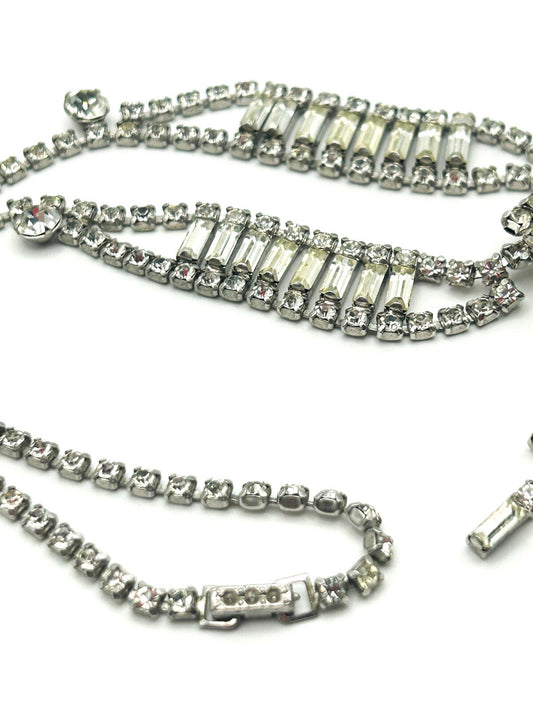 Vintage Rhinestone Waterfall Necklace Baguette Statement Tassel Drop 16”