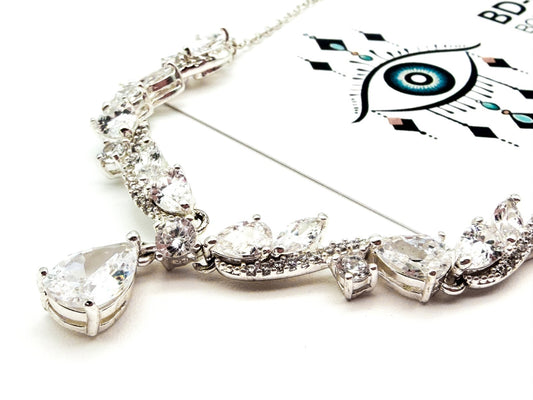 Jon Richard Silver Tone CZ Y Drop Necklace Clear Crystal Bridal Wedding Evening