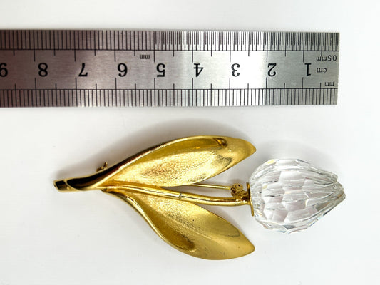 Vintage Gold Tone Glass Flower Brooch Large Faceted Crystal Tulip Floral Pin