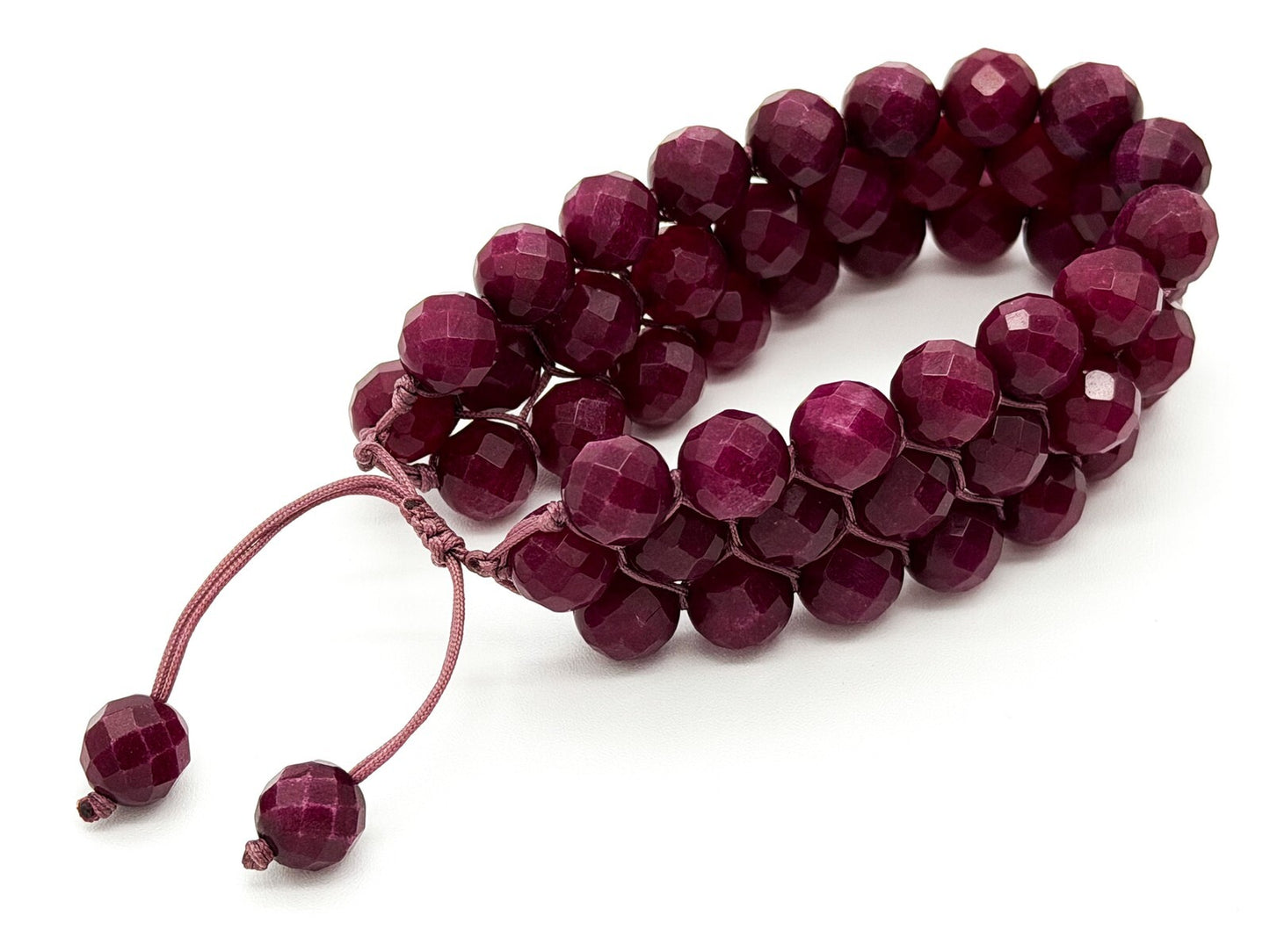 Faceted Jade Bracelet Mauve Beaded Macrame Adjustable Cuff Multi Row Woven