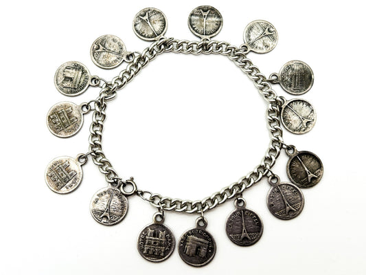 Vintage Paris Souvenir Coin Charm Bracelet with Eiffel Tower & Notre Dame Charms