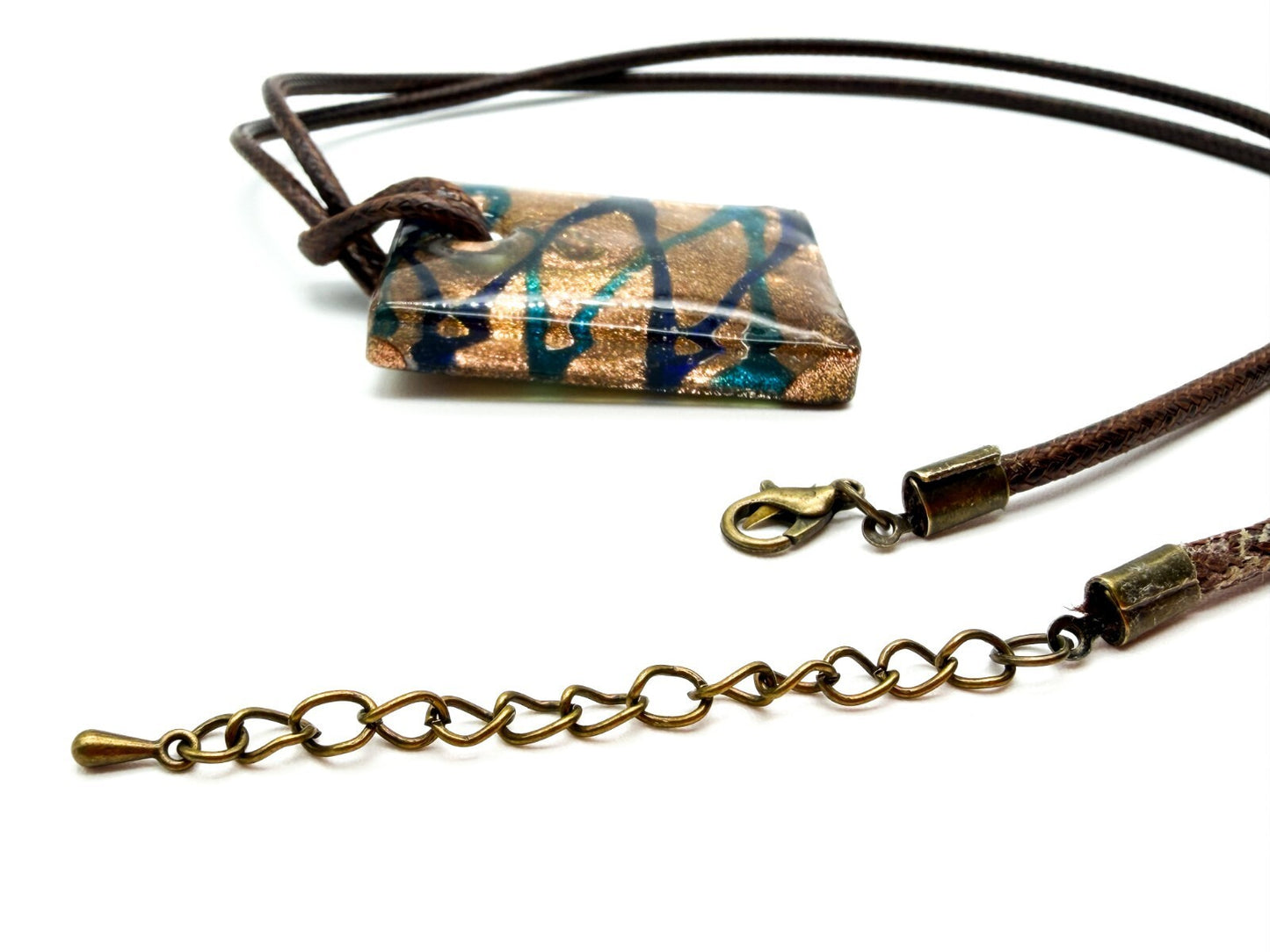 Murano Style Art Glass Pendant Necklace Gold Blue Turquoise Gold Blue Brown