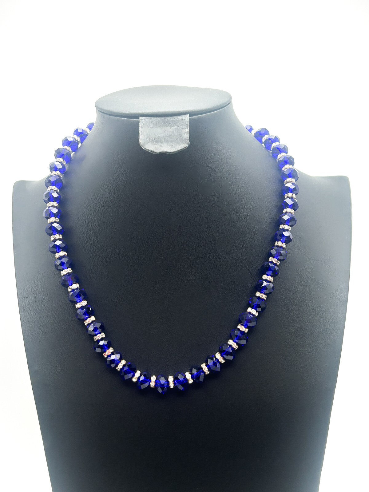 Cobolt Blue Faceted Glass Necklace with Rhinestone Rodelles - Bright Bold