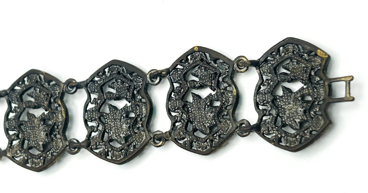 Vintage Filigree Panel Bracelet AB Rhinestone Floral Articulated 17cm