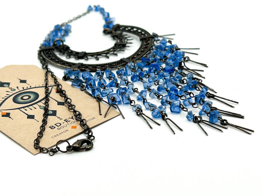 Gunmetal Chain Tassel Necklace with Blue Glass Chips – 20.5in