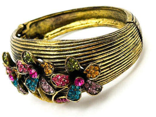 Antique Gold Tone Rhinestone Flower Clamper Bangle Pink Blue Green Bold Floral