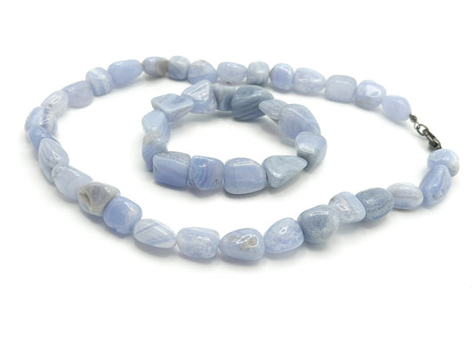 Blue Lace Agate Necklace & Bracelet Set - Semi Precious Gemstone Naturals Boho