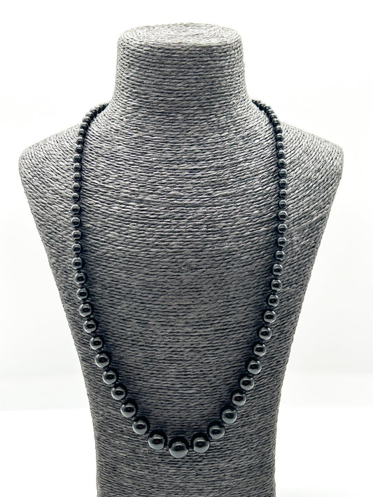 Vintage Graduated Black Glass Bead Necklace Hand Knotted Gold Tone Clasp 25.5”
