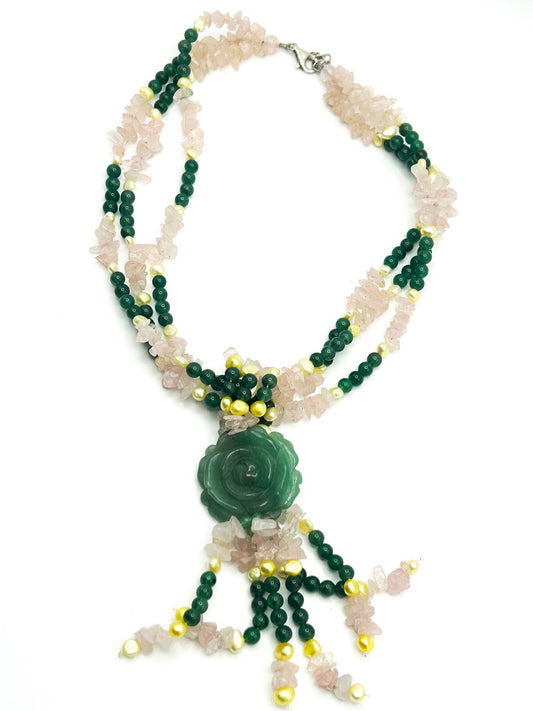 Jade, Rose Quartz, Pearl Triple Strand Statement Necklace Carved Rose Pendant