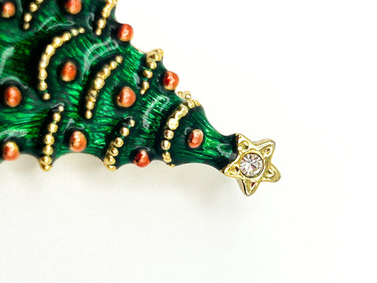 Vintage Enamel Christmas Tree Brooch - Festive Figural Fun Gold Tone