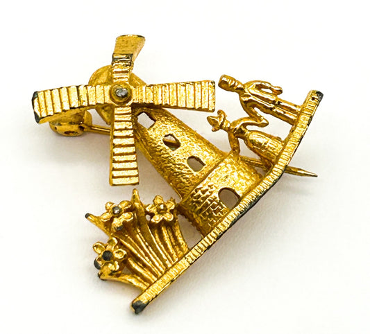 Vintage Gold Tone Dutch Windmill Scene Brooch Flowers Couple
