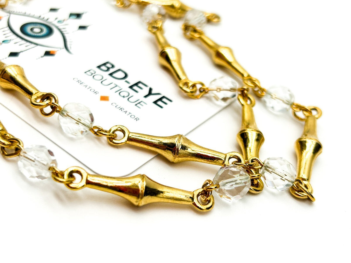 Vintage Gold Tone Bamboo Link Necklace Clear Faceted Glass Beads Retro