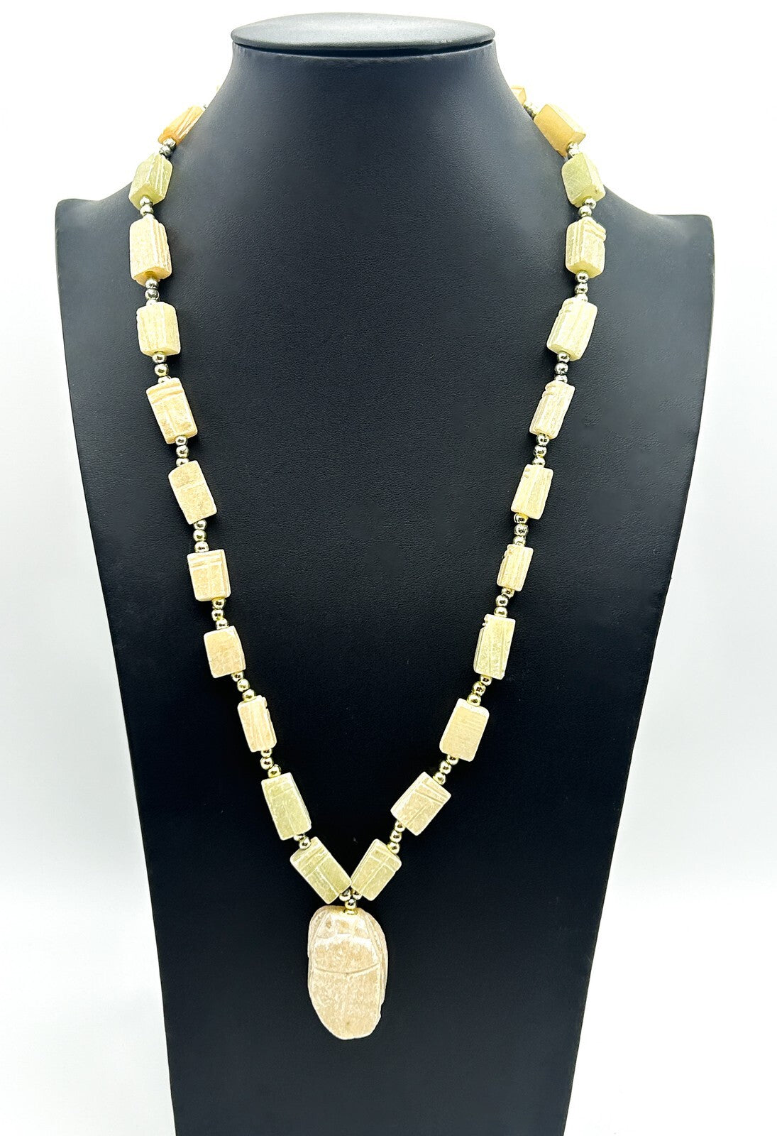 Egyptian Revival Carved Scarab Bead Necklace – Soapstone Panel with Drop Pendant