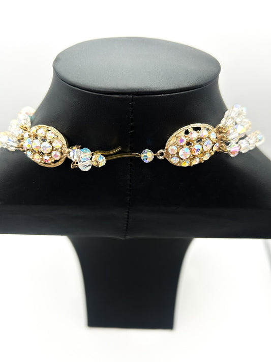 Vintage Aurora Borealis Crystal 3 Strand Multistrand Necklace – Faceted Bicone