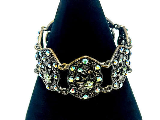 Vintage Filigree Panel Bracelet AB Rhinestone Floral Articulated 17cm
