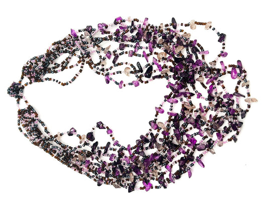 Vintage 11 Layer Amethyst, Quartz & Glass Beaded Purple Tones Statement Necklace