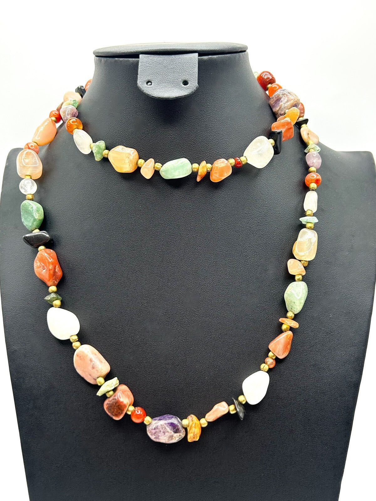 Mixed Semi Precious Gemstone Vintage Necklace - Boho Agate Beggar Beads Multi