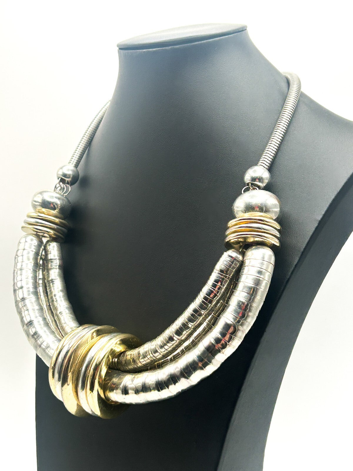 Silver & Gold Tone Chunky Y2K Industrial Collar Necklace – 17.5”