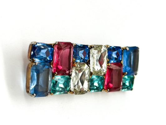 Antique Art Deco Czech Glass Rhinestone Bar Brooch Multicolour C Clasp 6cm