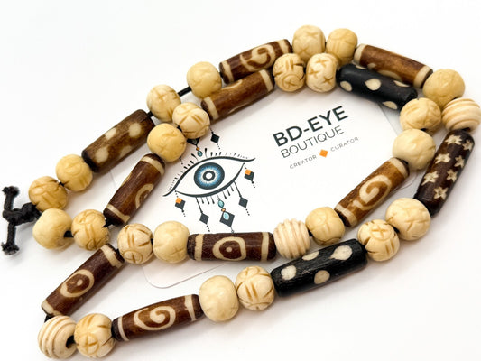 Vintage Carved Organic Material Bead Necklace Brown Cream Painted Barrel Beads