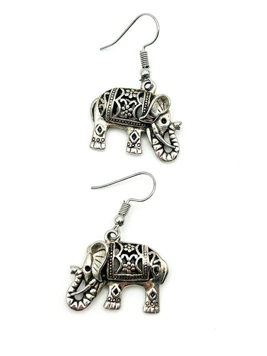 Silver Tone Elephant Drop Earrings Filigree Openwork Dangle