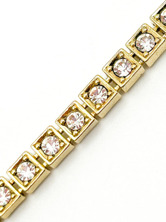 Gold Tone Tennis Bracelet Square Rhinestone Crystal Articulated Link 7.5”