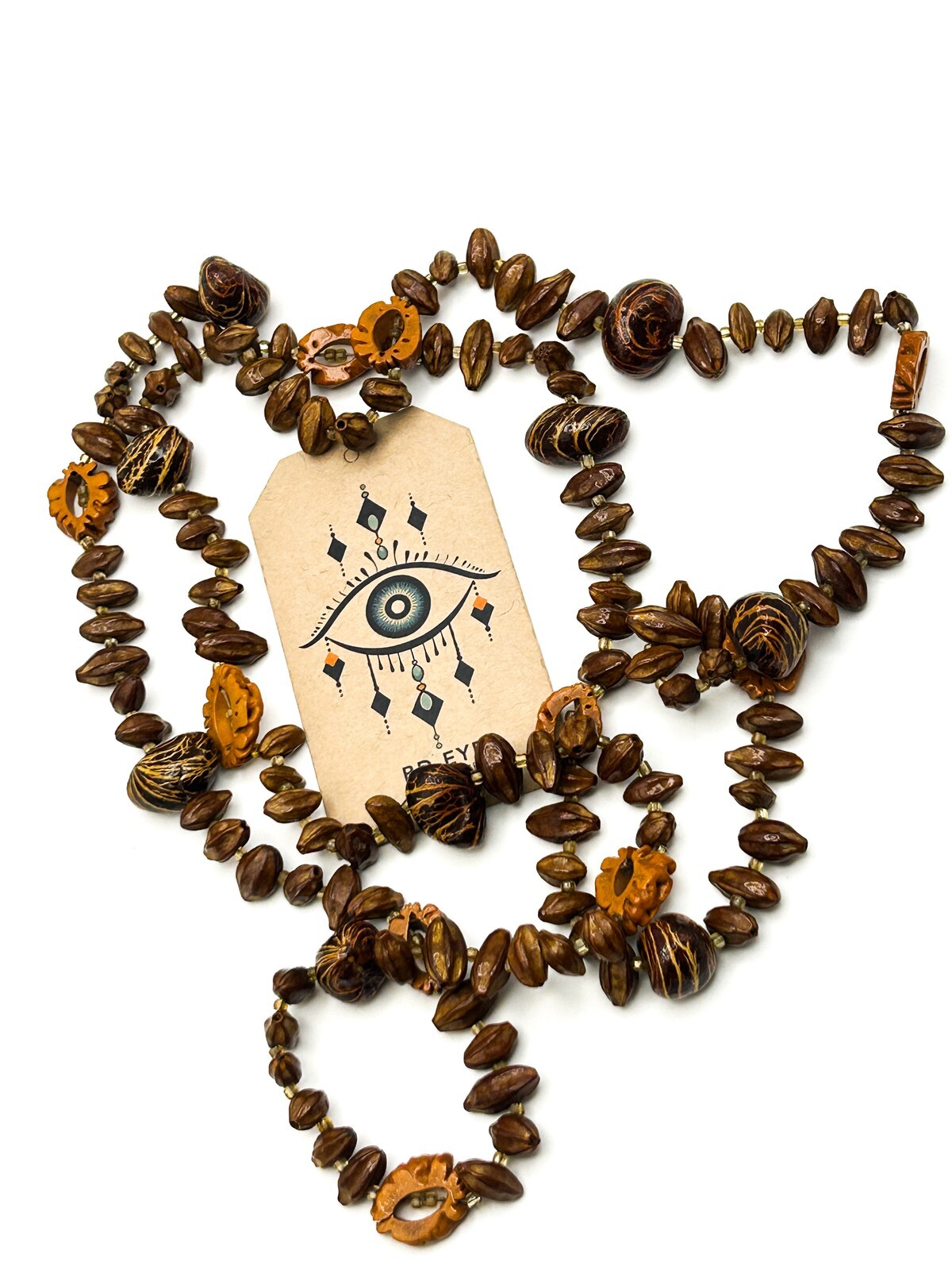 Faux Walnut & Seed Bead Necklace – 24” Vintage
