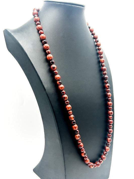 Long Wood Bead Necklace Mahogany Brown Graduated Boho Natural Wooden 29.5”