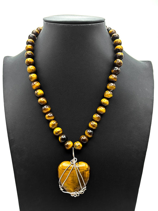 Tiger Eye Beaded Necklace Heart Pendant 925 Silver Clasp Wire Wrapped 17.5”