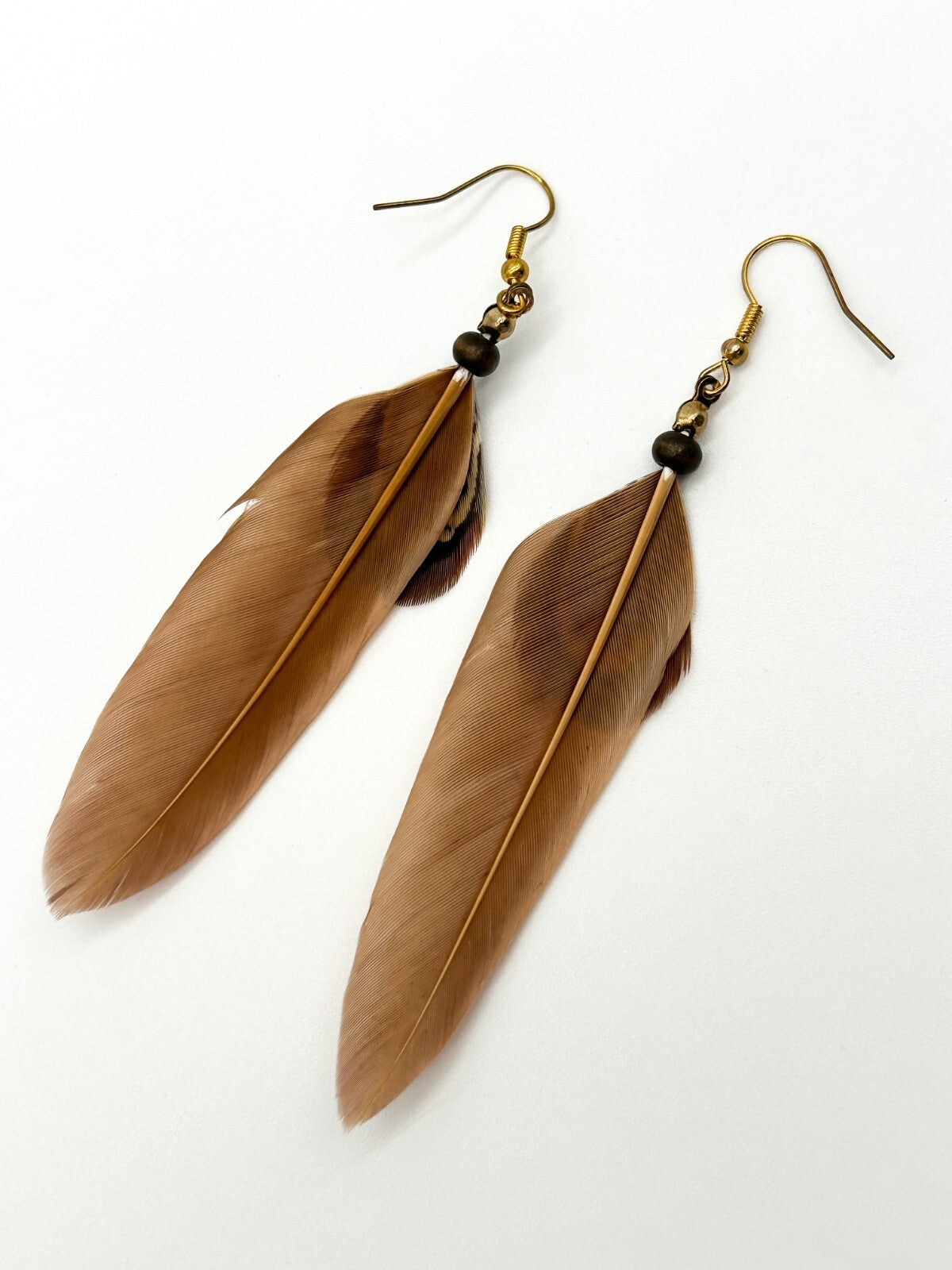 BD-Eye Original Boho Feather & Wood Earring Pair Festival Beach Natural Dangle