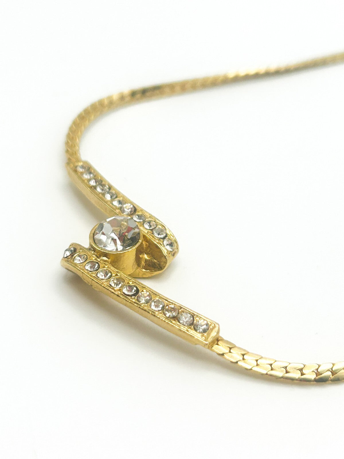 Vintage Gold Tone Zigzag Rhinestone Ribbon Swirl Necklace Dainty 80s